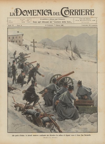 Aan de poorten van Italië, de huidige gecombineerde manoeuvres om de heuvel van Gignod richting de Grote Sint-Bernhard te verdedigen door Achille Beltrame