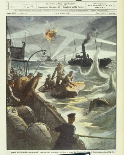 Geallieerde zeelieden proberen mijnen te ontmantelen onder Turks artillerievuur, tijdens de Eerste Wereldoorlog (1914-1918) (lithografie) door Achille Beltrame