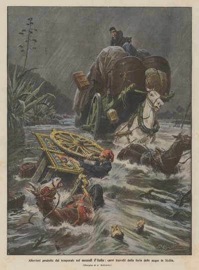 Overstromingen veroorzaakt door de storm in Zuid-Italië, karren meegesleurd door het woeste water in Sicilië door Achille Beltrame