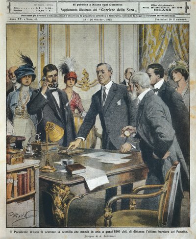 Amerikaanse president Woodrow Wilson ontsteekt telegrafisch de ontploffing die de laatste barrière naar het Panamakanaal 6000 kilometer verderop vernietigde door Achille Beltrame