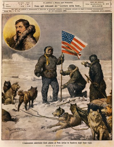 Amerikaanse ontdekkingsreiziger Cook plant de Amerikaanse vlag op de Noordpool, illustratie door Achille Beltrame, uit La Domenica del Corriere, 12 september door Achille Beltrame