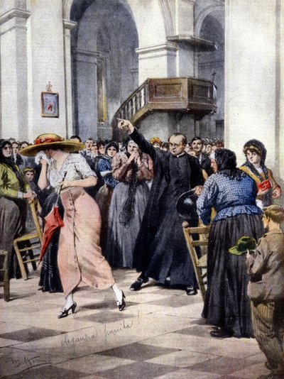 Een voorbeeld van religieus moralisme: een jonge vrouw wordt door een priester en de gelovigen uit de kerk gezet omdat ze lichte kleding draagt. Ill. van A. Beltrame. 