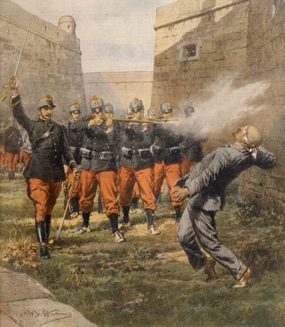 De dood van anarchist Francesco Ferrer door vuurpeloton in de gevangenis van Barcelona, illustratie door Achille Beltrame, uit La Domenica del Corriere, oktober 1909 door Achille Beltrame