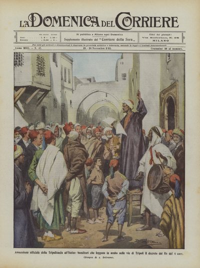 Officiële annexatie van Tripolitanië aan Italië, herauten die in het Arabisch voorlezen in de straten door Achille Beltrame
