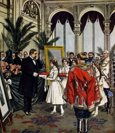 Jubileum van auteur van Quo Vadis?, overhandiging van geschenken aan Sinkievicz in Warschau, illustratie door Achille Beltrame, La Domenica del Corriere, nr. 3, 20 januari door Achille Beltrame