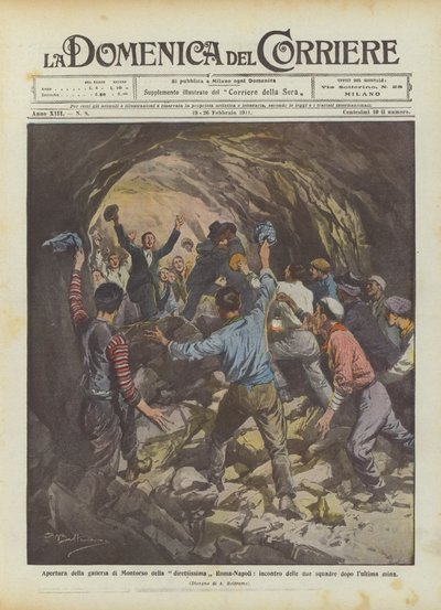 Opening van de Montorso-tunnel van de directe lijn Rome-Napels, ontmoeting van de twee teams na de laatste mijn door Achille Beltrame