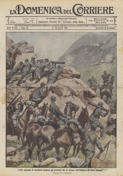 Dappere cavaleriepatrouilles drijven de Oostenrijkers terug van het Altipiano dei Sette Comuni door Achille Beltrame