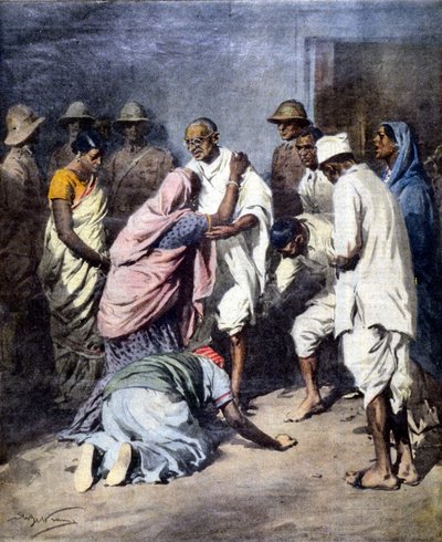 Arrestatie van Mahatma Gandhi (1869 - 1948). Ill. door Achille Beltrame. La Domenica del Corriere. 1932 door Achille Beltrame