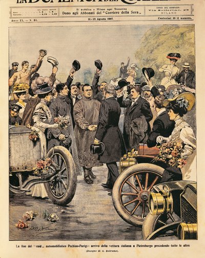 Aankomst in Sint-Petersburg van Italiaanse winnende auto (Itala 35/45 HP bestuurd door Scipione Borghese en Ettore Guizzardi), einde van de Parijs-Peking autorace, illustratie door Achille Beltrame uit La Domenica del Corriere, 11-18 augustus door Achille Beltrame