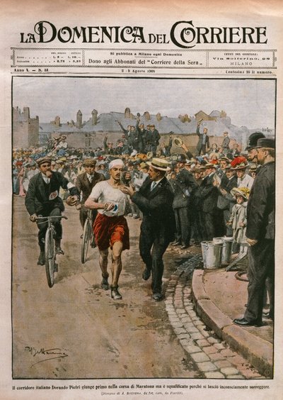 Aankomst van Dorando Pietri in marathon, Olympische Spelen van Londen, illustratie door Achille Beltrame uit La Domenica del Corriere, 2-9 augustus door Achille Beltrame