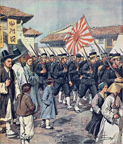 Aankomst van Japanse troepen in Korea, door Achille Beltrame (1871-1945), illustratie uit La Domenica del Corriere, 21 februari door Achille Beltrame