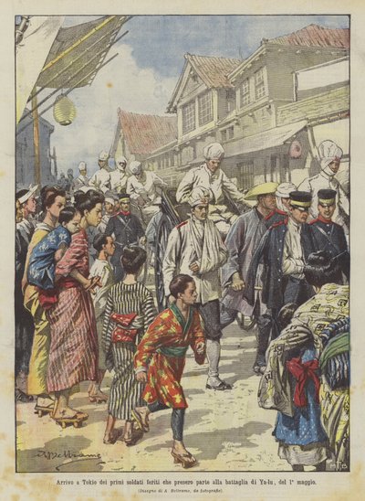 Aankomst in Tokio van de eerste gewonde soldaten die deelnamen aan de slag bij Ya-lu, op 1 mei door Achille Beltrame