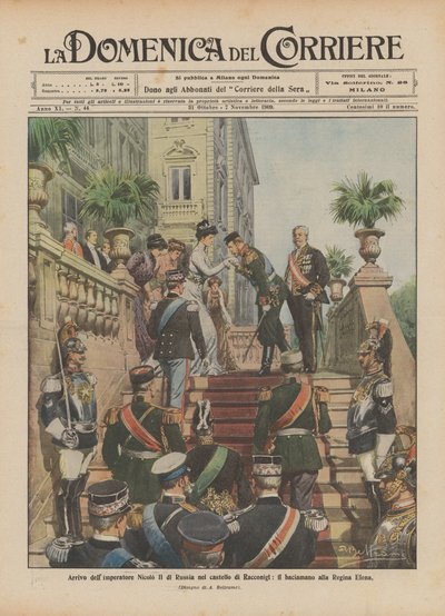 Aankomst van keizer Nicolaas II van Rusland in het kasteel van Racconigi, de handkus aan koningin Elena door Achille Beltrame