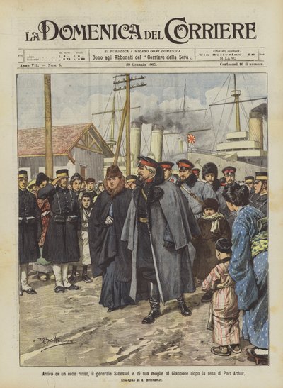 Aankomst van een Russische held, generaal Stoessel, en zijn vrouw in Japan na de overgave van Port Arthur door Achille Beltrame