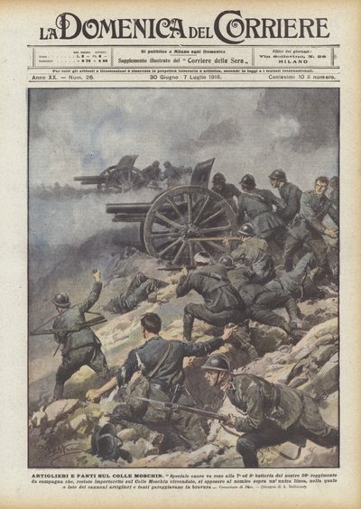 Artilleristen en infanteristen op de Colle Moschin door Achille Beltrame
