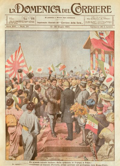 Arturo Ferrarin, langeafstandsvlieger verwelkomd in Tokio als eerste op de route Rome-Tokio, illustratie, uit La Domenica del Corriere door Achille Beltrame