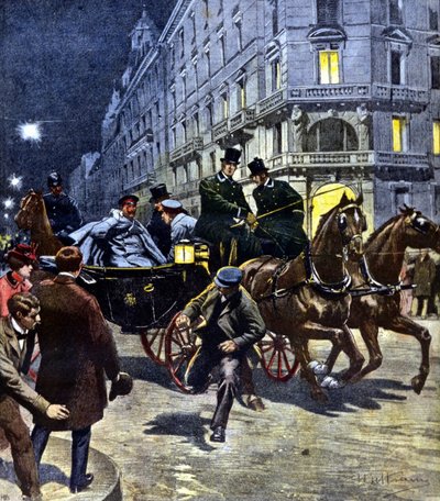 Aanslag op de Duitse keizer Wilhelm II (1859 - 1941) tijdens zijn rit in een koets naar het station van Bremen, de avond van 6/03/1901. Illustratie van Beltrame. La Domenica del Corriere. 17/06/1901. door Achille Beltrame