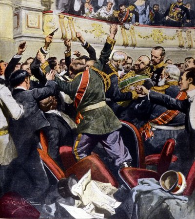 Aanslag op de Russische minister Stolypin in het gemeentelijk theater van Kiev. Illustratie van Beltrame door Achille Beltrame