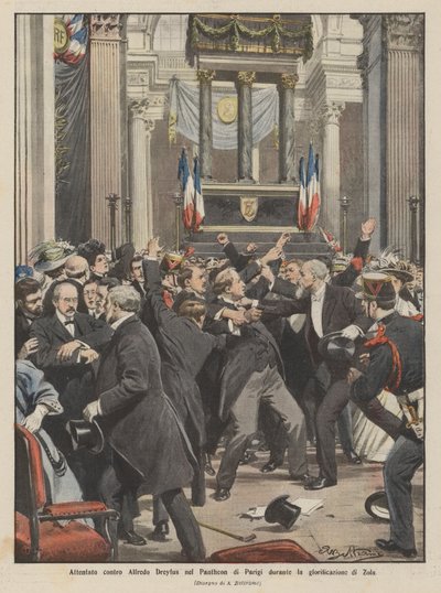 Aanslag op Alfred Dreyfus in het Pantheon van Parijs tijdens de verheerlijking van Zola door Achille Beltrame