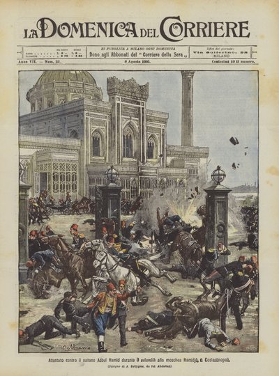 Aanslag op sultan Abdul Hamid tijdens de selamlik bij de Hamidie-moskee in Constantinopel door Achille Beltrame