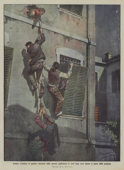 Gedurfde ontsnapping van vier gevangenen uit de gerechtelijke gevangenis van Asti na het doorboren van de gevangenismuur door Achille Beltrame