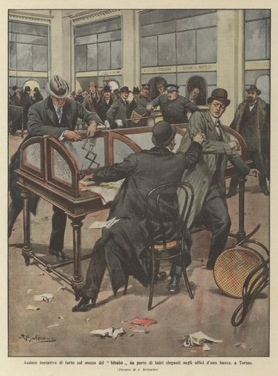 Stoutmoedige poging tot diefstal met behulp van een bibabu door elegante dieven in de kantoren van een bank in Turijn door Achille Beltrame