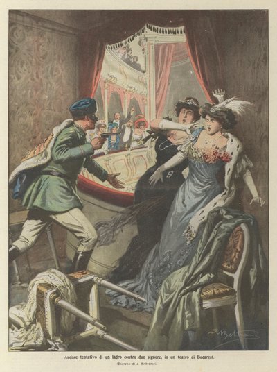 Stoutmoedige poging van een dief tegen twee dames, in een theater in Boekarest door Achille Beltrame