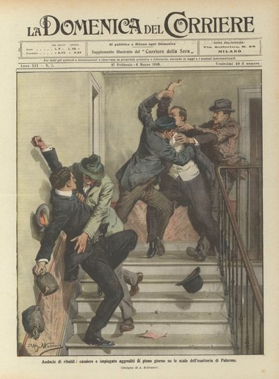 Stoutmoedigheid van schurken, kassier en werknemer aangevallen midden op de dag op de trappen van het belastingkantoor van Palermo door Achille Beltrame