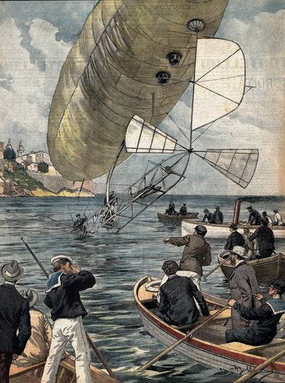 De luchtschip van Alberto Santos Dumont valt in zee voor het Casino van Monte Carlo. Afbeelding door Achille Beltrame voor 