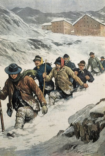 Italiaanse arbeiders steken de St. Bernardpas over tussen Aosta en Zwitserland. Omslag van “La Domenica del Corriere”. 14/02/1904. Lithografie. door Achille Beltrame