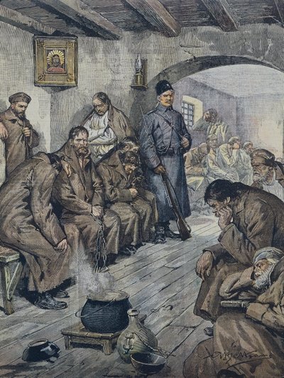BELTRAME, Achilles (1871-1945). Russische gevangenen in hongerstaking voor de vrijheid van hun tuberculeuze medegevangenen. Illustratie door A. Beltrame, La Domenica del Corriere, 19 juni door Achille Beltrame