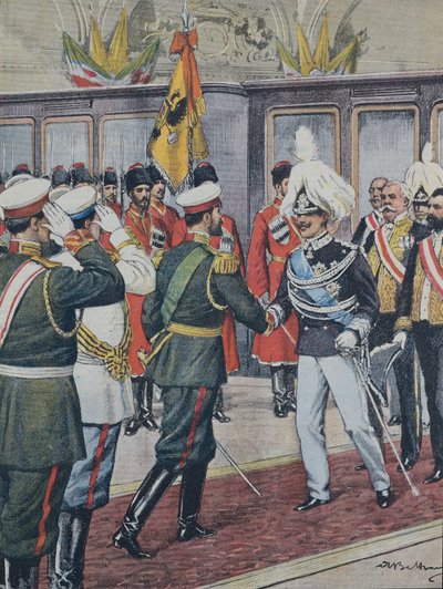 Victor Emmanuel III (1869-1947). Koning van Italië (1900-1946).; Nicholas II. Tsaar van Rusland (1894-1917). RUSLAND. De tsaar ontvangt koning Victor Emmanuel III van Italië in Peterhof. Illustratie van A. Beltrame. La Domenica del C door Achille Beltrame