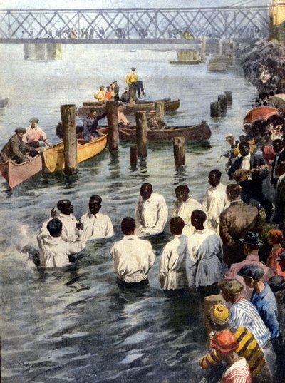 Doopceremonie in de Cedar River in Iowa (VS) van zwarte leden van de Church of God sekte. Ill. van A. Beltrame. La Domenica del Corriere door Achille Beltrame