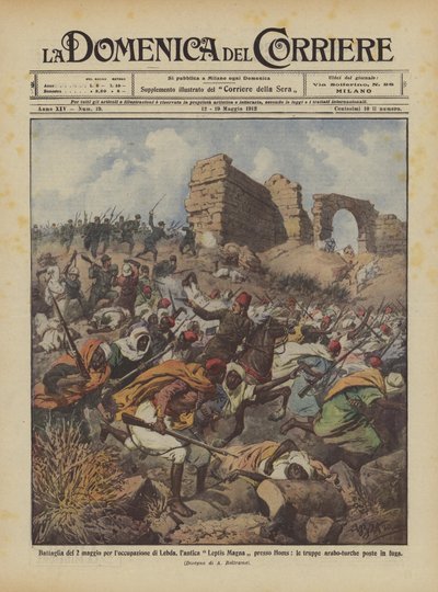 Slag van 2 mei voor de bezetting van Lebda, het oude Leptis Magna bij Homs ? door Achille Beltrame