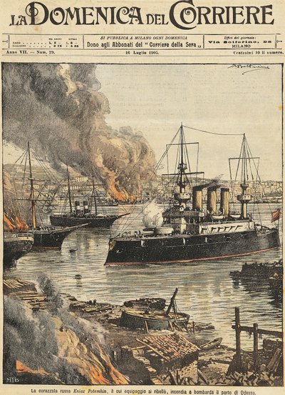 Slagschip Potemkin bombardeert Odessa, door Achille Beltrame, illustratie door Achille Beltrame