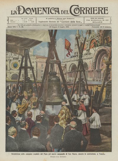 Zegening van de klokken geschonken door de paus voor de nieuwe klokkentoren van San Marco, nog in aanbouw, in Venetië door Achille Beltrame