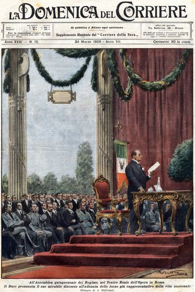 Benito Mussolini houdt zijn toespraak in het Teatro Reale van de opera in Rome voor de leiders van het regime. Illustratie door Achilles Beltrame. 