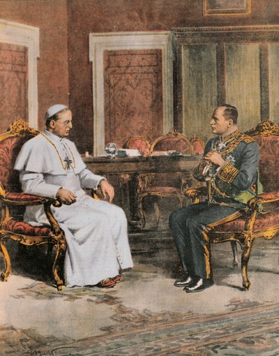 Benito Mussolini in vergadering met paus Pius XI op 11 februari door Achille Beltrame