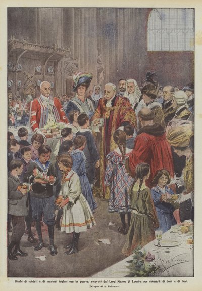 Kinderen van Engelse soldaten en matrozen nu in oorlog, ontvangen door de Lord Mayor van Londen door Achille Beltrame