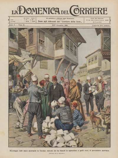 Boycot van Oostenrijkse goederen in Turkije, markt van witte fez ter vervanging van de rode fez door Achille Beltrame