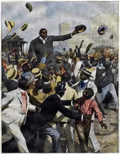 Bokser Jack Johnson arriveerde in Chicago in 1910. Illustratie door Achille Beltrame voor La Domenica del Corriere. door Achille Beltrame