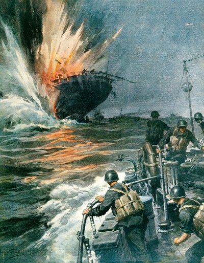 Brits koopvaardijschip gezonken door Italiaanse MAS in Middellandse Zee, 3 augustus door Achille Beltrame