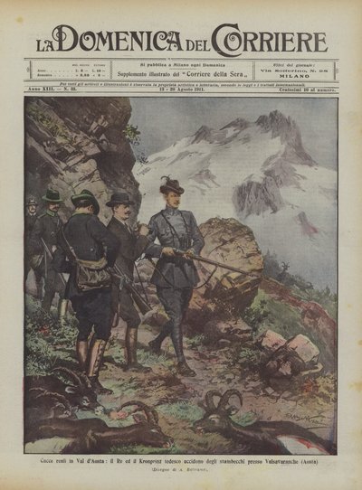 Koninklijke jacht in de Aostavallei, de koning en de Duitse kroonprins doden steenbokken bij Valsavaranche (Aosta) door Achille Beltrame