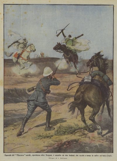 Korporaal van Piacenza cavalerie, verdwaald voorbij Benghazi, aangevallen door twee bedoeïenen die hij doodt door Achille Beltrame