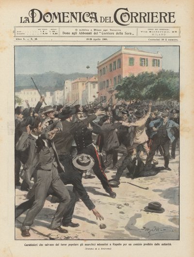 Carabinieri die anarchisten redden van de volkswoede tijdens een verboden bijeenkomst in Rapallo door Achille Beltrame