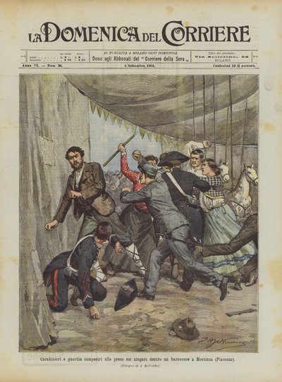 Carabinieri en veldwachters in gevecht met zigeuners in een barak in Mortizza (Piacenza) door Achille Beltrame