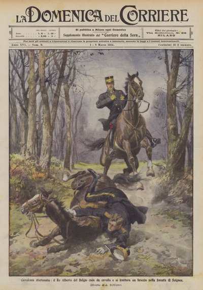 Ongelukkige rit, koning Albert van België valt van zijn paard en breekt zijn arm in het Zoniënwoud door Achille Beltrame