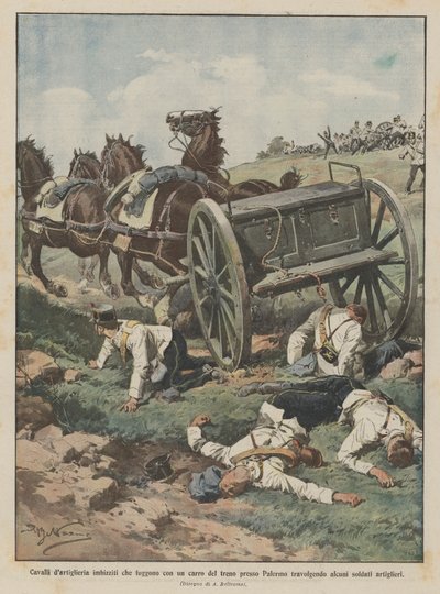 Op hol geslagen artilleriepaarden die wegrennen met een treinwagen bij Palermo, alles verwoestend door Achille Beltrame