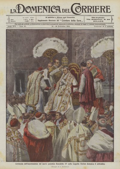 Ceremonie van de kroning van de nieuwe paus Benedictus XV in de Sixtijnse Kapel op zondag 6 september door Achille Beltrame