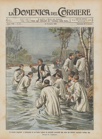 Originele ceremonie, de doop in een Engelse rivier van verschillende bekeerlingen tot de sekte van ? door Achille Beltrame